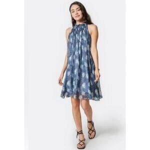 Joie Thelen Mini Silky Swing Dress Blue Floral Sz Xxl Ruffle Neck Feminine Boho